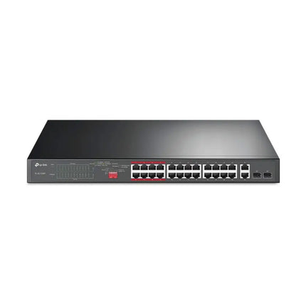 TP-Link TL-SL1226P 24-port unmanaged PoE+ switch featuring 24 Fast Ethernet ports and 2 gigabit combo uplink ports, front view.