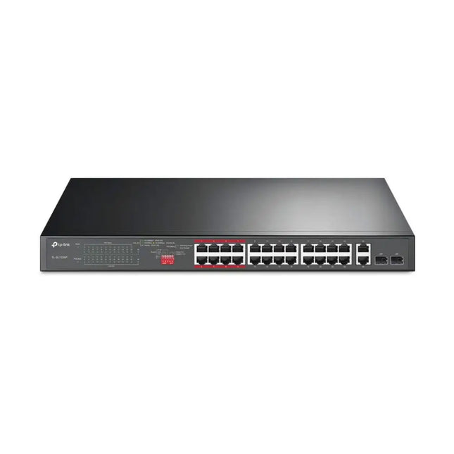 TP-Link TL-SL1226P 24-port unmanaged PoE+ switch featuring 24 Fast Ethernet ports and 2 gigabit combo uplink ports, front view.