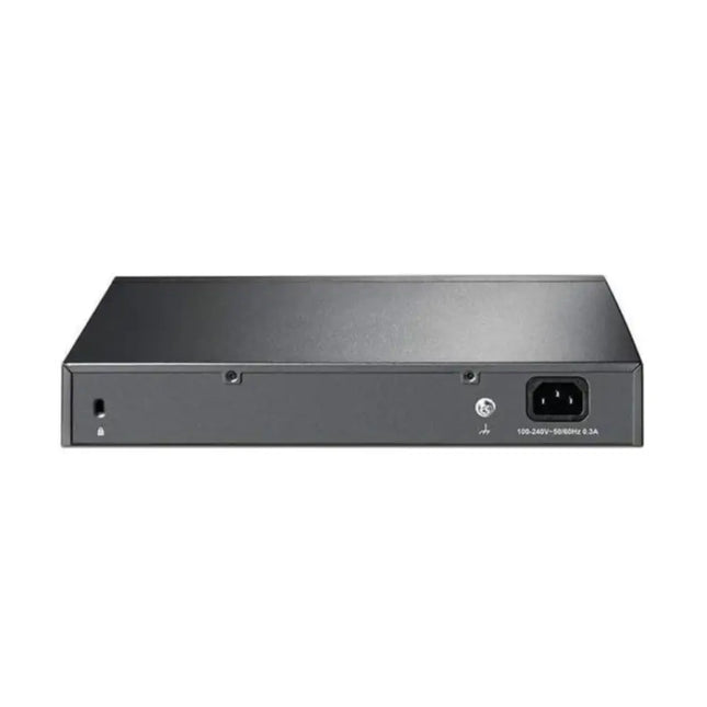 Front panel interface layout of the TP-Link TL-SL1226P unmanaged rackmount switch, highlighting its 24 Fast Ethernet 10/100 Mbps PoE+ ports alongside 2 dedicated Gigabit RJ45 uplink ports and 2 combo SFP slots.
