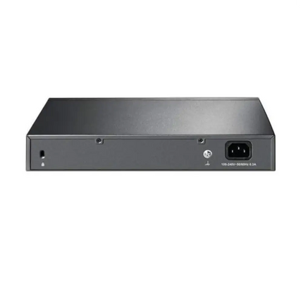 Close-up front panel view of the TP-Link TL-SL1226P switch showing 24 10/100 Mbps PoE+ ports alongside 2 RJ45 gigabit and SFP combo ports.