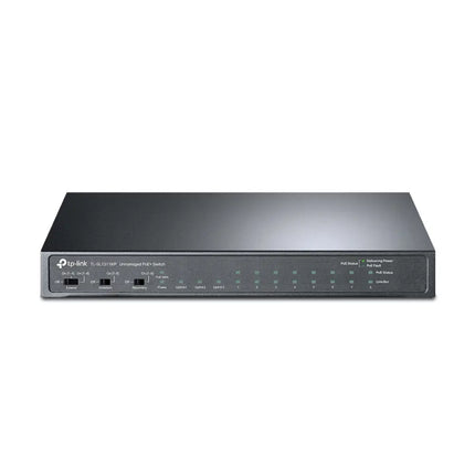 TP-Link TL-SL1311MP 8-port 10/100Mbps and 3-port Gigabit desktop switch with 8 PoE+ ports in a durable metal case.