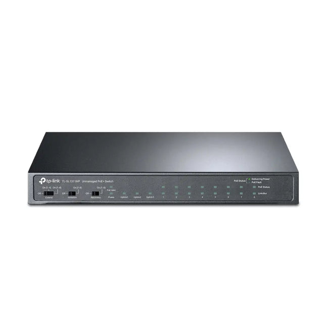 TP-Link TL-SL1311MP 8-port 10/100Mbps and 3-port Gigabit desktop switch with 8 PoE+ ports in a durable metal case.