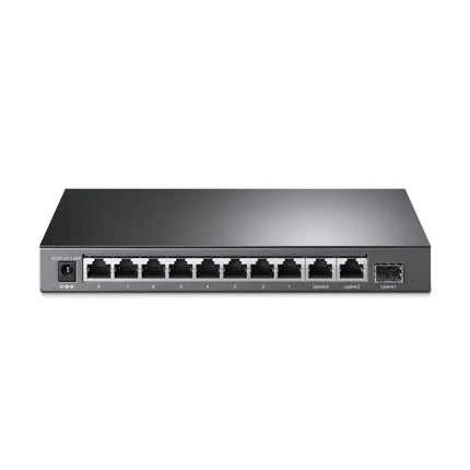 The compact TP-Link TL-SL1311MP unmanaged PoE+ switch running silently on a desktop to power local IP security cameras.