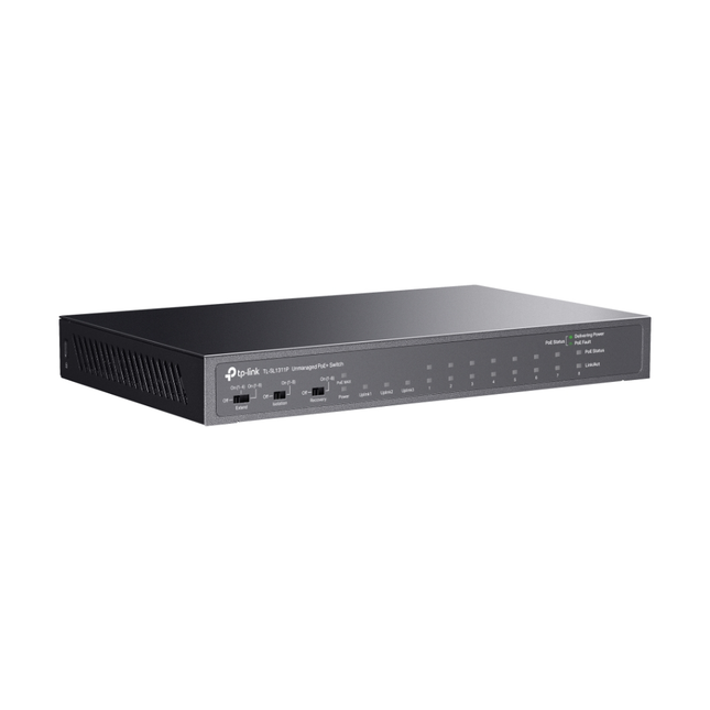 Front view of the TP-Link TL-SL1311P 8-port switch, optimized for security systems with a 65W total PoE power budget.