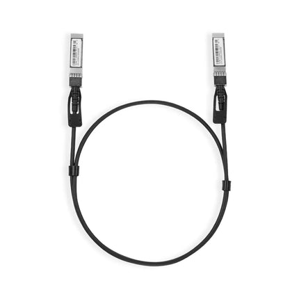 Close-up view of the dual SFP+ connector heads and black pull tabs on the TP-Link SM5220-1M direct attach cable.