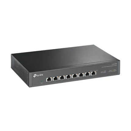 Front view of the TP-Link Australia TL-SX1008 8-port 10G switch showing the durable metal housing, fan vents, and RJ45 ports.