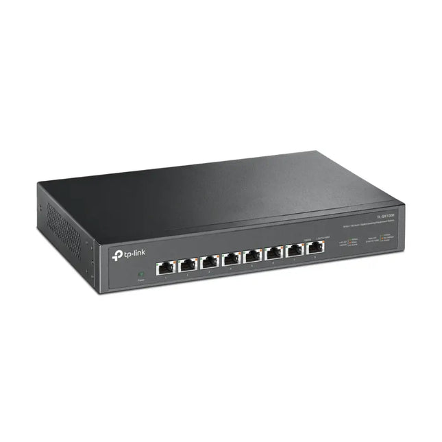 Front view of the TP-Link Australia TL-SX1008 8-port 10G switch showing the durable metal housing, fan vents, and RJ45 ports.