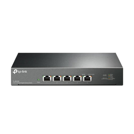 Front view of the TP-Link TL-SX105 desktop switch showing five 10Gbps RJ45 ports and LED indicators for power and per-port link activity in a sleek black metal casing.