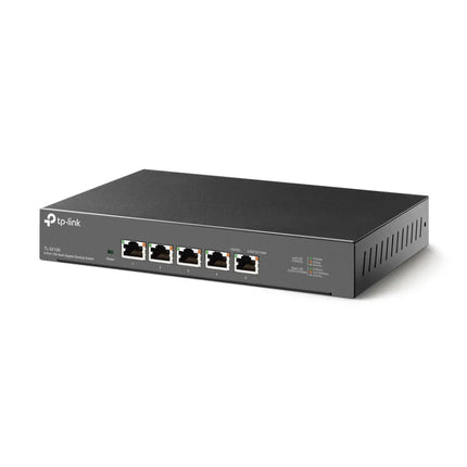 A close-up side view of the TL-SX105 switch featuring a fanless design for silent operation and a durable steel housing designed for professional heat dissipation.