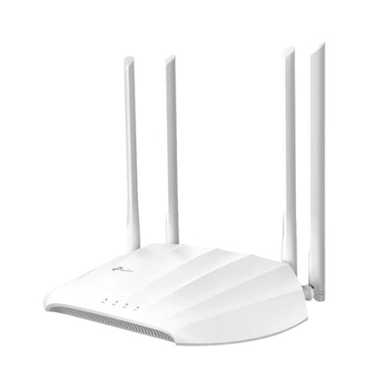 Front view of the TP-Link TL-WA1201 AC1200 dual-band wireless access point in white, featuring four external high-performance antennas for boosted Wi-Fi coverage.