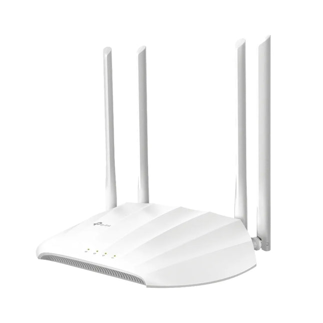 Front view of the TP-Link TL-WA1201 AC1200 dual-band wireless access point in white, featuring four external high-performance antennas for boosted Wi-Fi coverage.