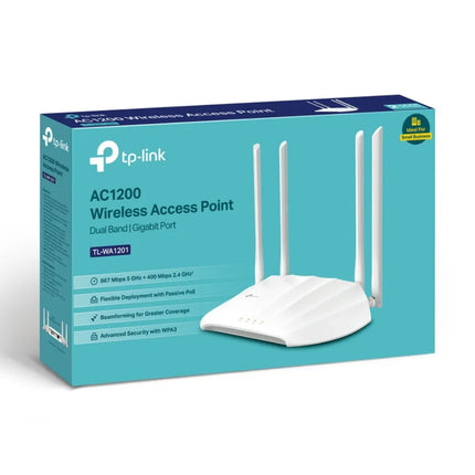 The TP-Link TL-WA1201 access point being used in a home or small business office, showcasing its multi-mode capabilities including Access Point, Range Extender, and Multi-SSID for captive portal marketing. 