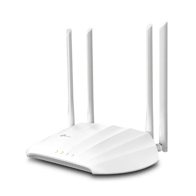 Front view of the white TP-Link Australia TL-WA1801 Wi-Fi 6 access point showing the status indicator lights and sleek compact design.