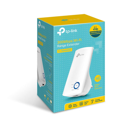 Bottom view of the TP-Link TL-WA850RE wireless extender highlighting the single 10/100M RJ45 Ethernet port and recessed physical hardware reset button.