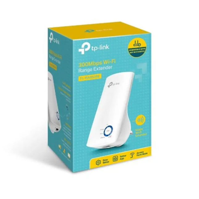 TP-Link TL-WA850RE N300 Wi-Fi range extender in glossy white, plugged into a wall outlet showing the circular LED signal indicator light