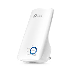 Front angled view of the glossy white TP-Link TL-WA850RE N300 wall-plug Wi-Fi range extender showing its compact curved chassis.