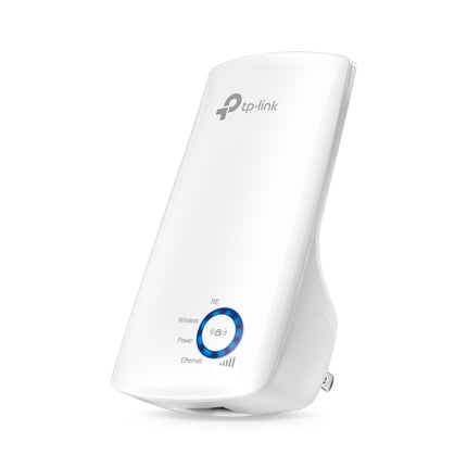 Front angled view of the glossy white TP-Link TL-WA850RE N300 wall-plug Wi-Fi range extender showing its compact curved chassis.