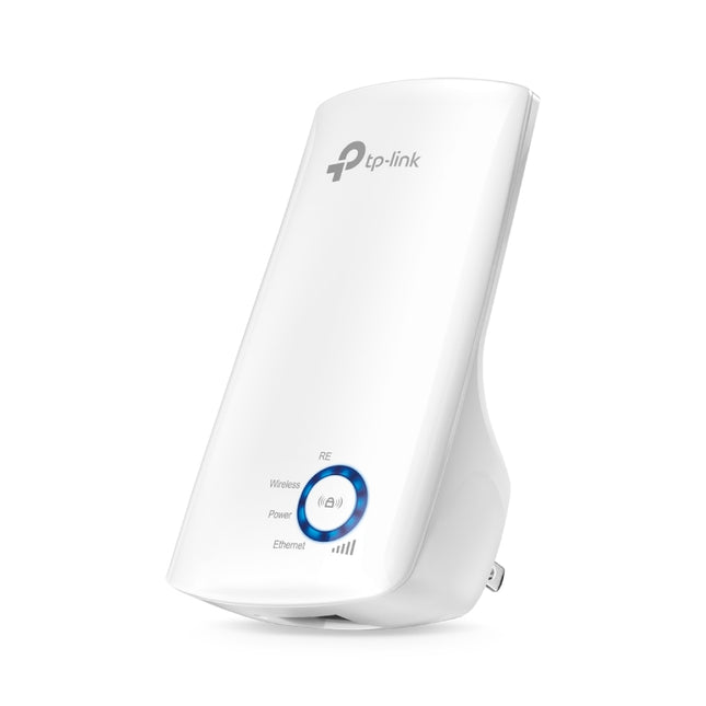 Front angled view of the glossy white TP-Link TL-WA850RE N300 wall-plug Wi-Fi range extender showing its compact curved chassis.