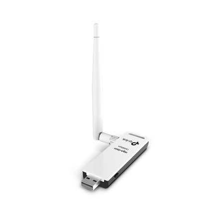 Close-up view of 4dBi omni-directional detachable antenna RP-SMA connector and one-touch WPS button on TP-Link TL-WN722N.