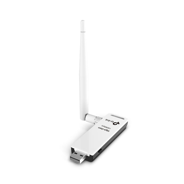 Close-up view of 4dBi omni-directional detachable antenna RP-SMA connector and one-touch WPS button on TP-Link TL-WN722N.