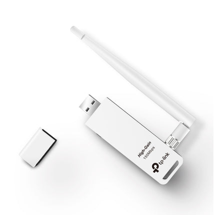 TP-Link TL-WN722N 150Mbps 2-4GHz wireless USB adapter plugged into a PC USB 2-0 port for high-gain Wi-Fi signal.