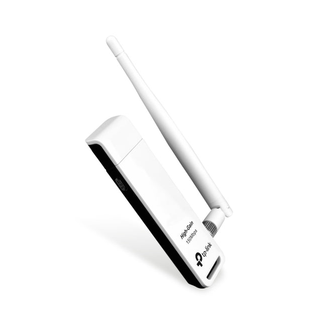 TP-Link TL-WN722N N150 high gain wireless USB adapter in white with detachable 4dBi antenna.