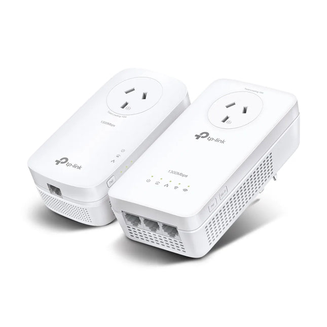The TP-Link TL-WPA8631P KIT featuring two white powerline adapters—the TL-PA8010P base unit and the TL-WPA8631P Wi-Fi extender—both with integrated power passthrough sockets.
