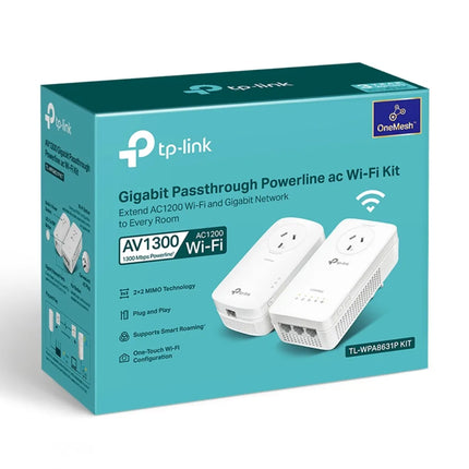 An infographic showing the TL-WPA8631P kit working with a OneMesh router to create a unified Wi-Fi network, featuring the Wi-Fi Auto-Sync button for instant network cloning.