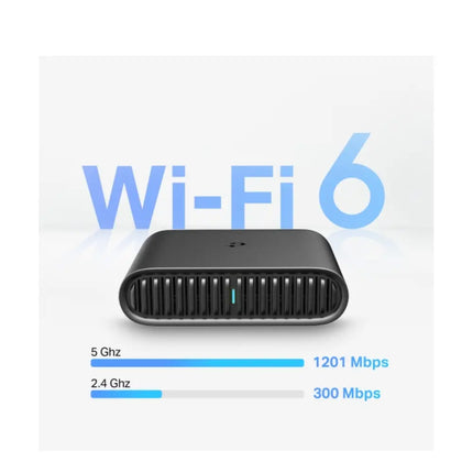 The TP-Link TL-WR1502X portable router set up on a hotel room desk next to a laptop, demonstrating its use as a secure travel Wi-Fi hotspot.