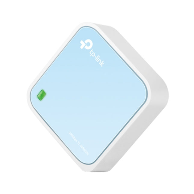 Side panel connections of the TP-Link N300 travel router showing the dual-purpose WAN/LAN Ethernet port, micro-USB power input, and small reset pinhole.