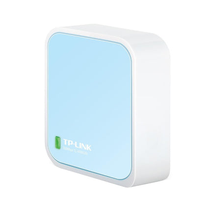 Front view of the ultra-compact TP-Link TL-WR802N N300 wireless nano travel router featuring a sleek square design with a blue and white housing.