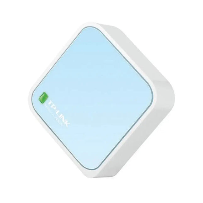 TP-Link TL-WR802N N300 wireless nano travel router top view showing its ultra-compact pocket-sized teal and white design
