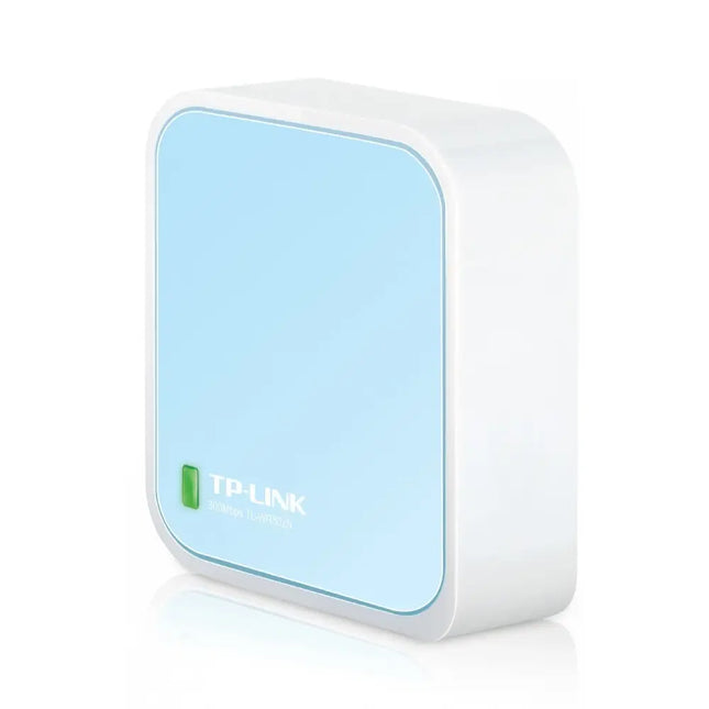 Close-up side profile of the TP-Link TL-WR802N travel router showcasing the single WAN/LAN Ethernet port and micro USB power input.