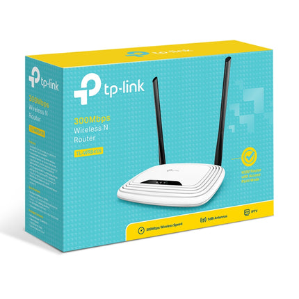 Official retail box packaging for the TP-Link TL-WR841N N300 Wi-Fi router highlighting 300Mbps wireless speed and parental controls.