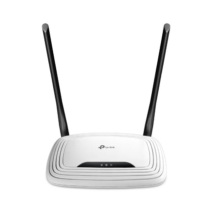 TP-Link TL-WR841N N300 wireless N router in white featuring two high-gain 5dBi external antennas extended vertically.