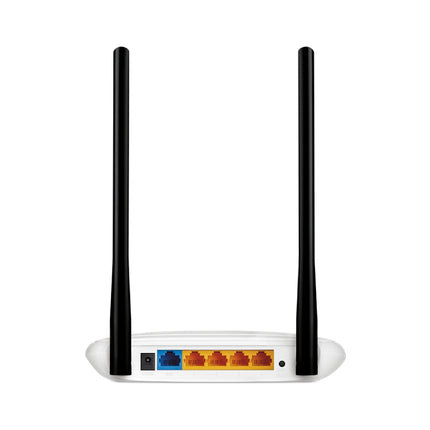 Rear view of TP-Link TL-WR841N showing the power input, WPS reset button, 1x 100Mbps WAN port in blue, and 4x 100Mbps LAN ports in yellow.