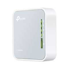 Top view of the pocket-sized TP-Link TL-WR902AC AC750 dual-band travel router showcasing its compact white and light blue design.