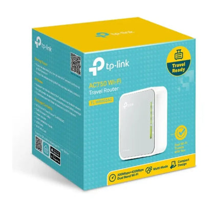 Close-up of TP-Link TL-WR902AC travel router showing the micro USB power port, Ethernet WAN/LAN port, and mode switch.