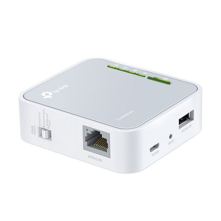 The end connection panel of the TP-Link TL-WR902AC featuring the flexible WAN/LAN port, a multi-functional USB port for data storage or 4G modems, and a micro-USB power input.