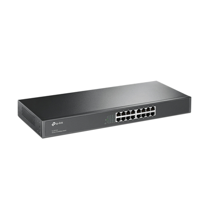 Angled view of the TP-Link TL-SF1016 unmanaged fast ethernet switch in a durable steel housing for office networking.