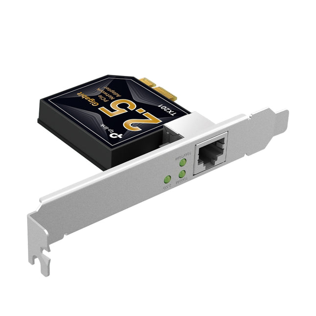 Close-up view of 2-5G RJ45 Ethernet port, PCB board, and PCIe x1 interface connector on TP-Link TX201.