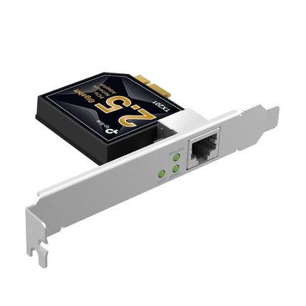 TP-Link TX201 network card displayed alongside its included low-profile and standard-height brackets.