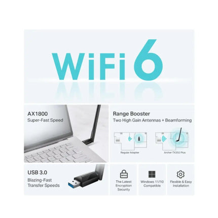 Detailed view of the dual high-gain antennas on the TP-Link Archer TX35U Plus for improved range and stable wireless coverage.