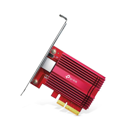 Side view of the TP-Link TX401 10G PCIe network card, featuring a large red aluminum heatsink for heat dissipation and a 10GBase-T RJ45 port.