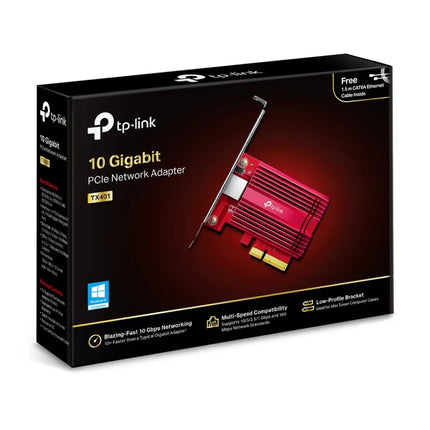 Close-up of the TP-Link TX401 PCIe card rear panel, showcasing the single 10GBase-T RJ45 port with LED indicators for link speed and activity, compatible with Cat6A and Cat7 cabling.