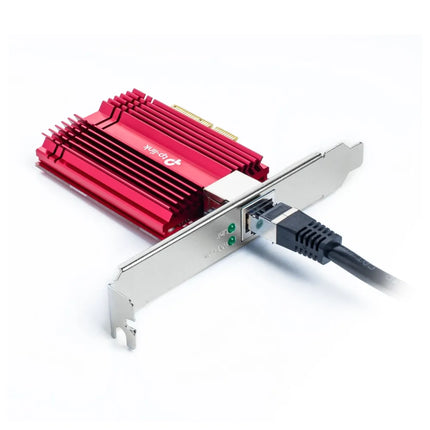 A product display of the TP-Link TX401 network card alongside the included 1.5m CAT6A Ethernet cable, highlighting its capability for 10 billion bits per second data rates.