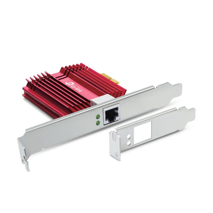 The TP-Link TX401 10Gbps adapter shown with both standard and low-profile brackets, illustrating its compatibility with both full-sized and slim-form-factor PC cases.