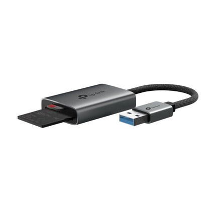 Close-up of the durable, premium matte casing and integrated protective cap of the TP-Link UA430 USB 3.0 memory card dongle.
