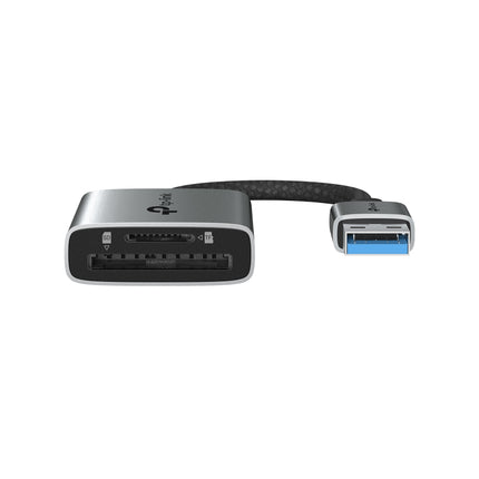 Side view of the TP-Link UA430 adapter highlighting the simultaneous read and write slots for SDXC, SDHC, and microSD cards.