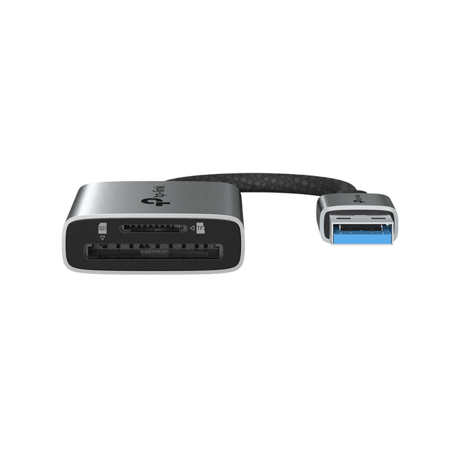 Side view of the TP-Link UA430 adapter highlighting the simultaneous read and write slots for SDXC, SDHC, and microSD cards.